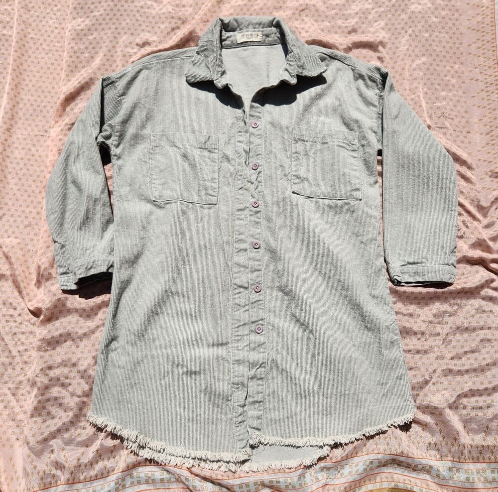 Light Grey Corduroy Sz M Shacket 3/4 Sleeve Button Up Fringe Hipster Jacket